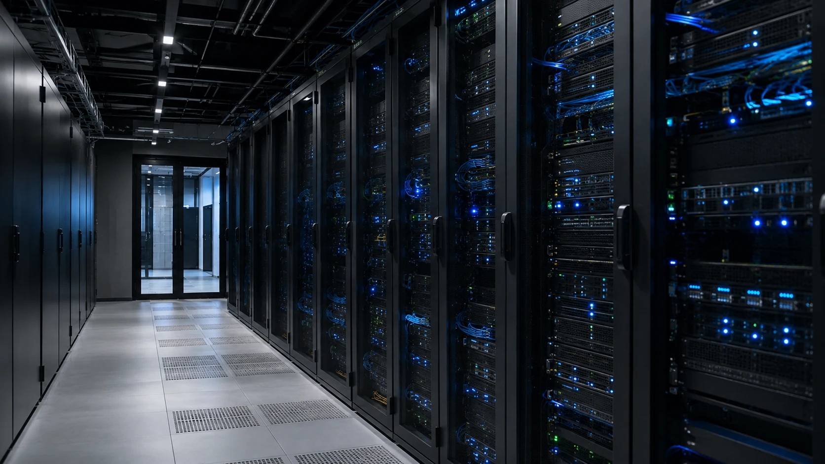 Pasillo de datacenter con racks de servidores y equipos de red