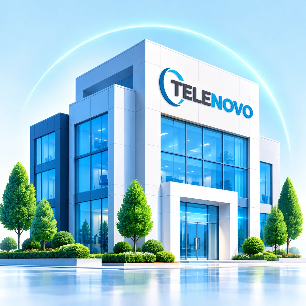 Edificio de Telenovo rodeado de árboles, con el logo de la empresa en su fachada