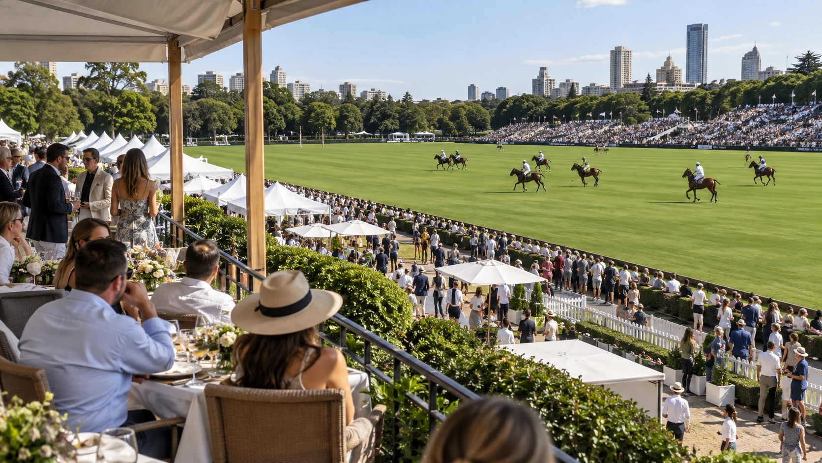 Evento de polo con tribunas concurridas, carpas de hospitalidad y espacios gastronómicos junto a la cancha
