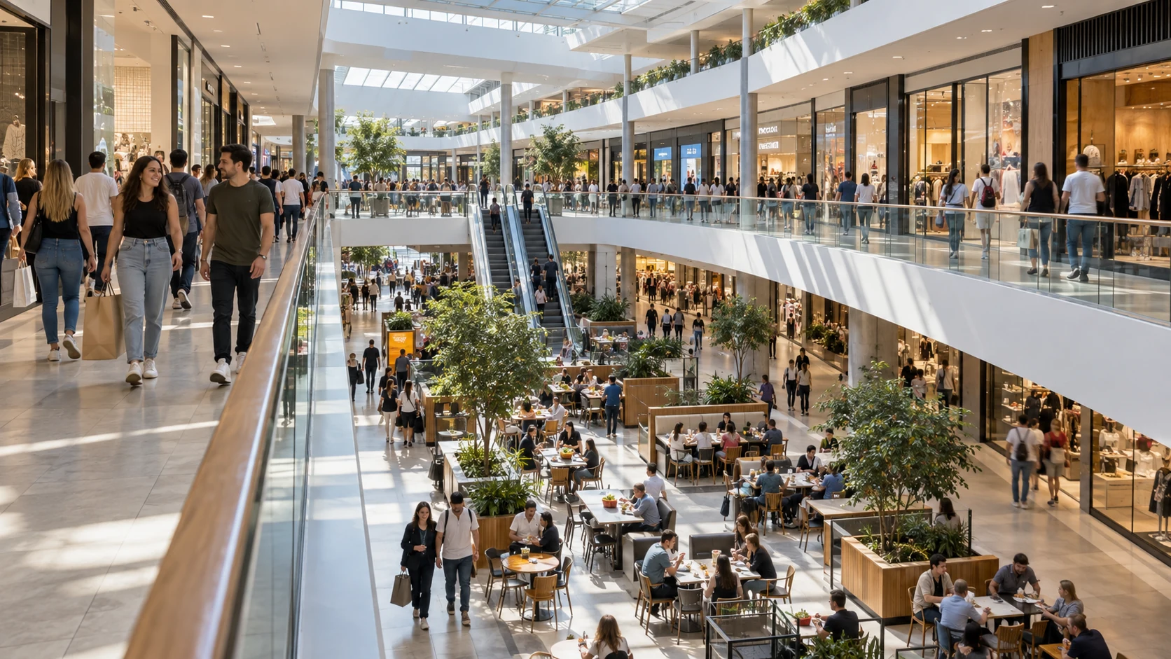 Centro comercial concurrido con galerías en dos niveles y un amplio patio de comidas